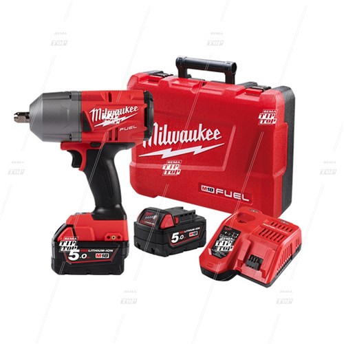 Cordless Impact Wrench, 1/2" Drive, Short Anvil, MILWAUKEE 18V, Kit with Batteries/Charger/Hard Case